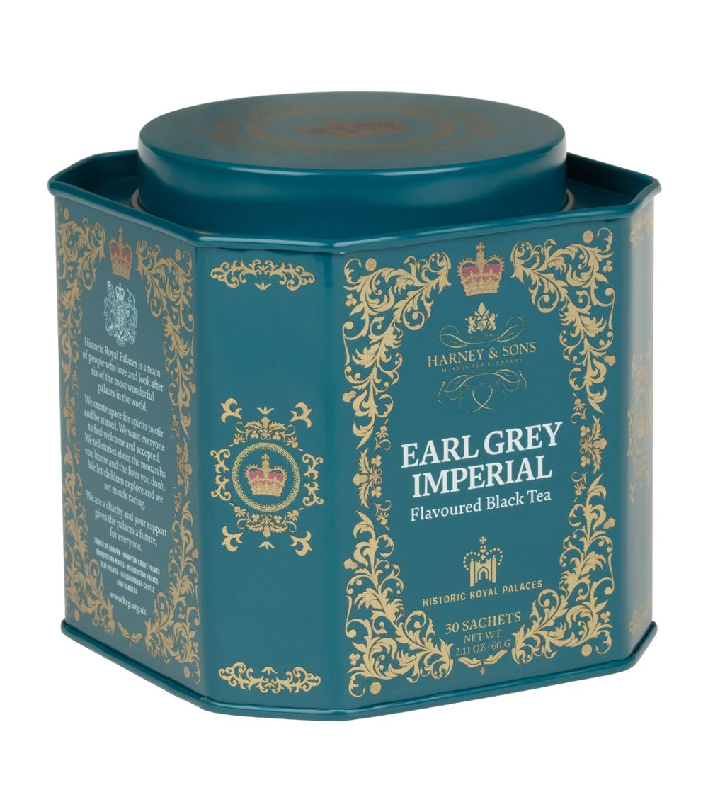 Decorative teal and gold Harney & Sons Earl Grey Imperial tin of 30 sachets
