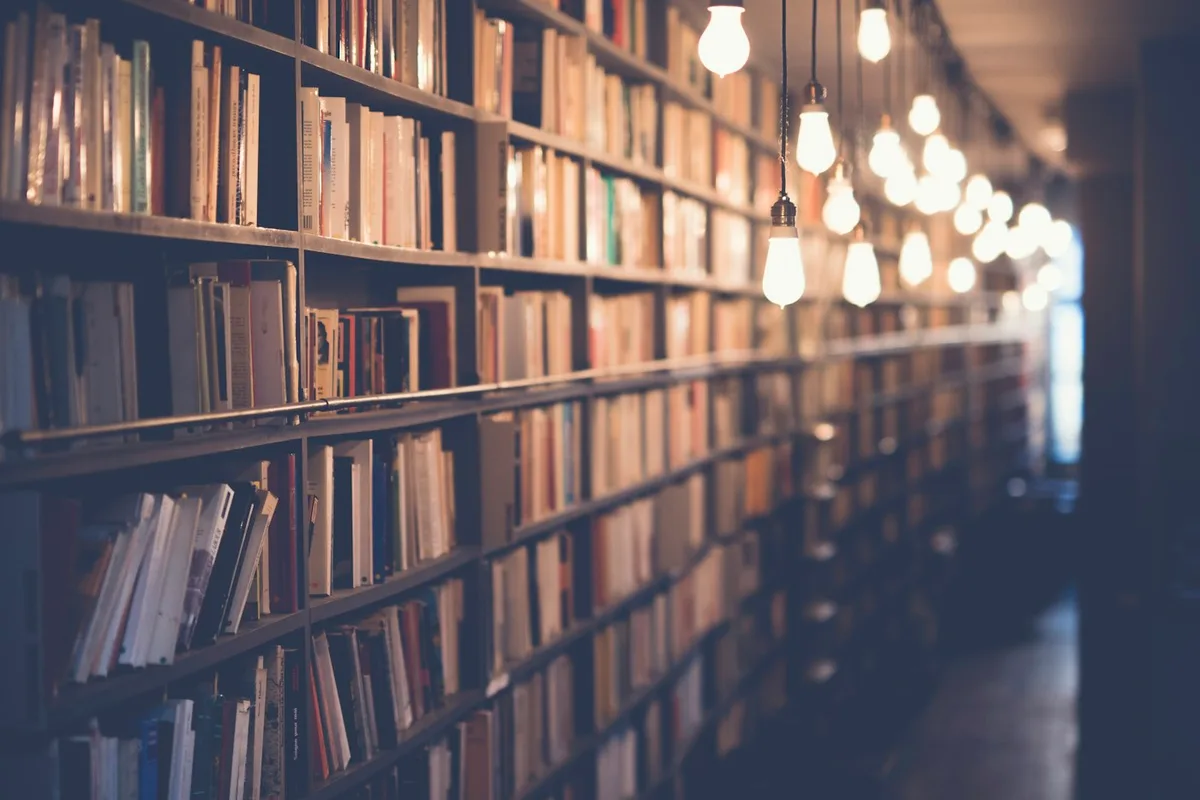 Books on library shelves beneath warm hanging lights