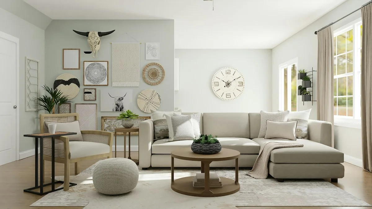 Neutral living room with long light curtains beside a window
