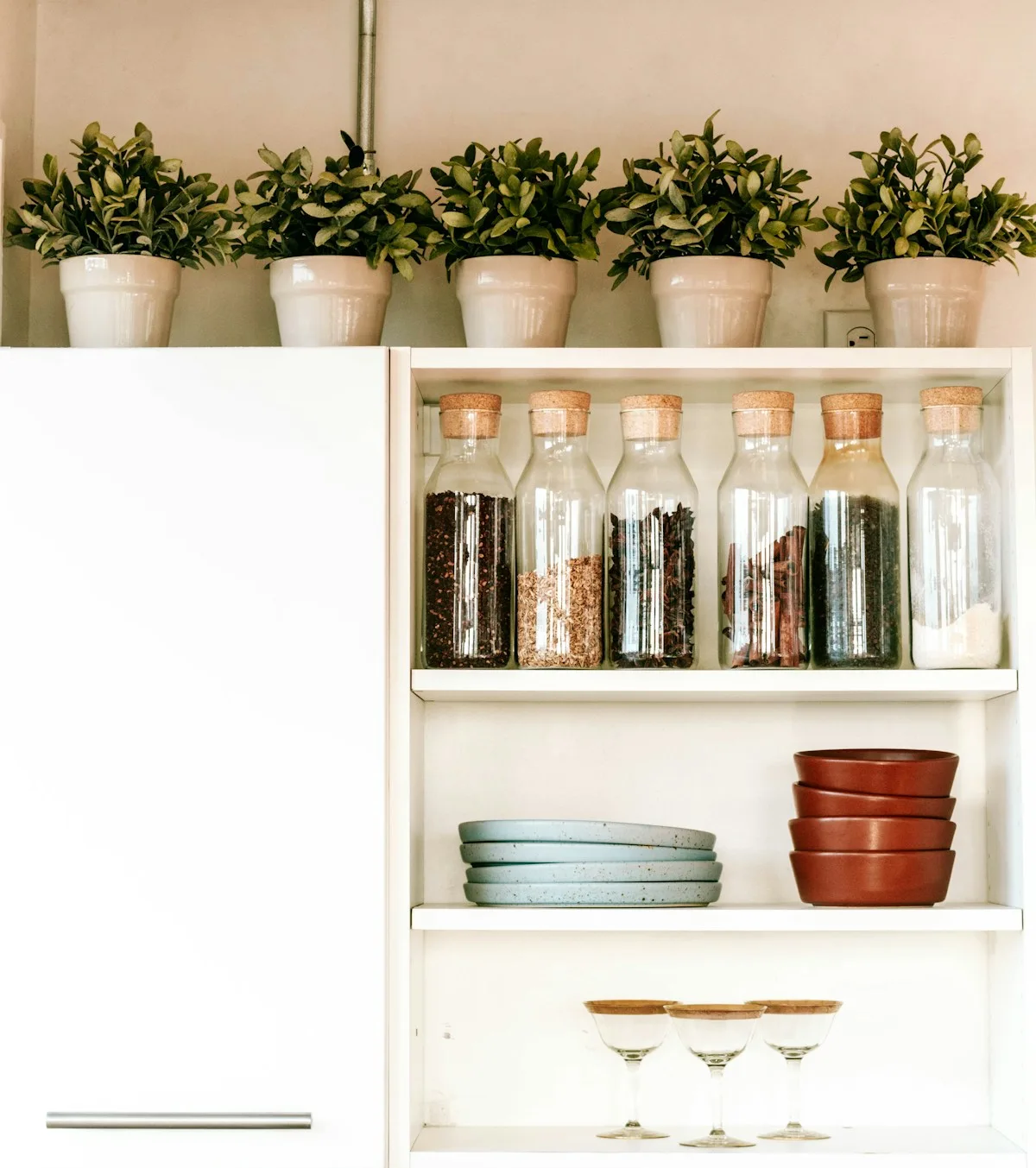 Neatly arranged kitchen shelves with glass jars, stacked dishes and small plants